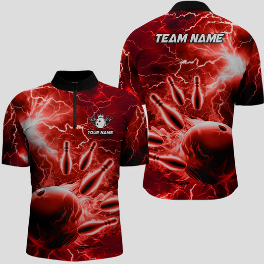 Men's bowling Quarter Zip shirts Custom red lightning thunder Bowling Team Jersey, gift for Bowlers NQS7144