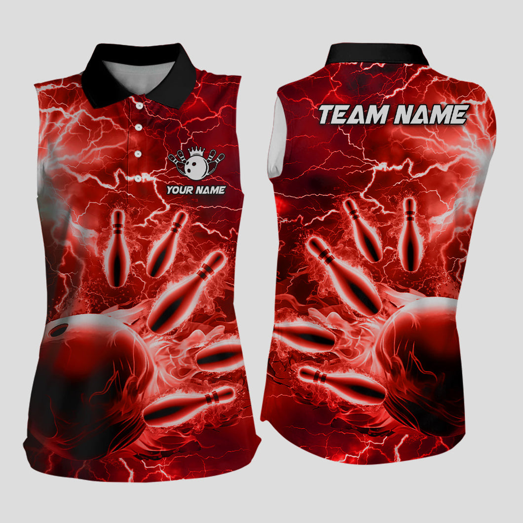 Womens bowling sleeveless polo shirts Custom red lightning thunder Bowling Team Jerseys NQS7144