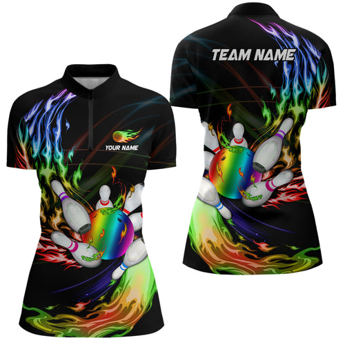 Womens bowling Quarter Zip shirts Custom Rainbow flame Bowling ball and pins Team league bowler Jersey NQS6807