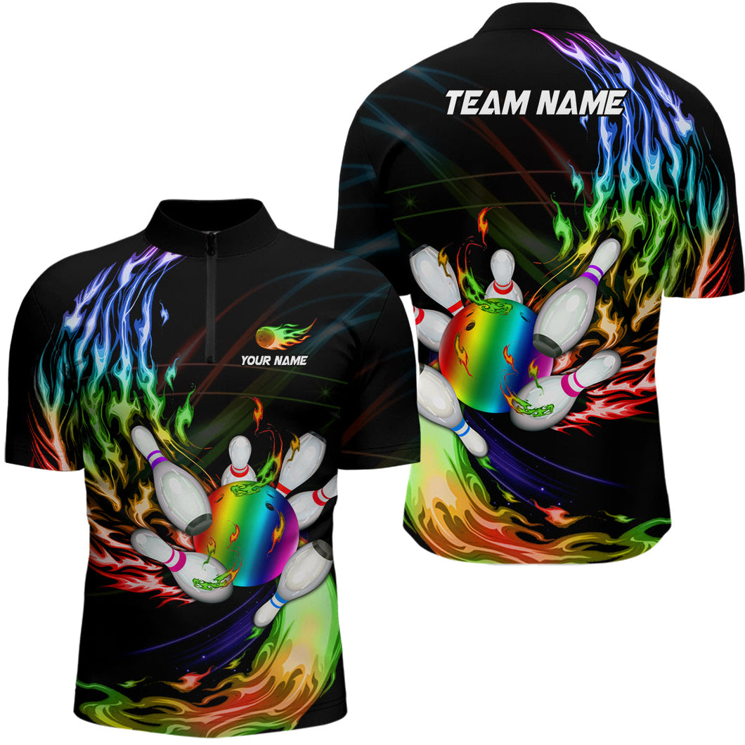 Men's bowling Quarter Zip shirts Custom Rainbow flame Bowling ball and pins Team league bowler Jersey NQS6807