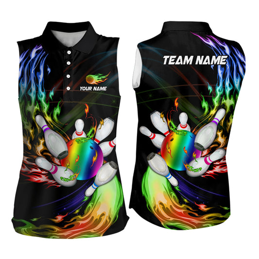 Women bowling sleeveless polos Custom Rainbow flame Bowling ball and pins Team league bowler Jersey NQS6807