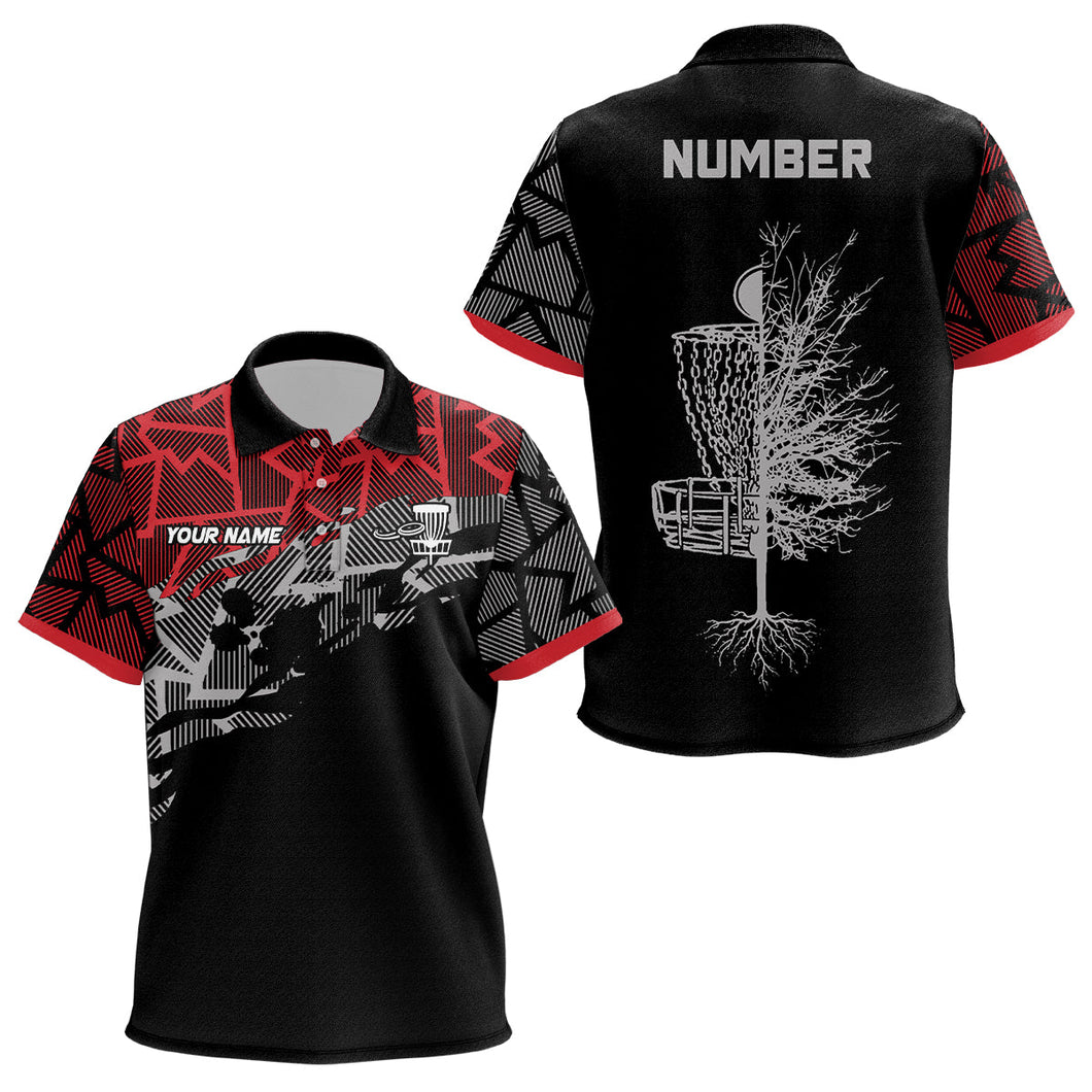 Red camo abstract pattern black Kid disc golf polo shirts custom disc golf clothing NQS6811
