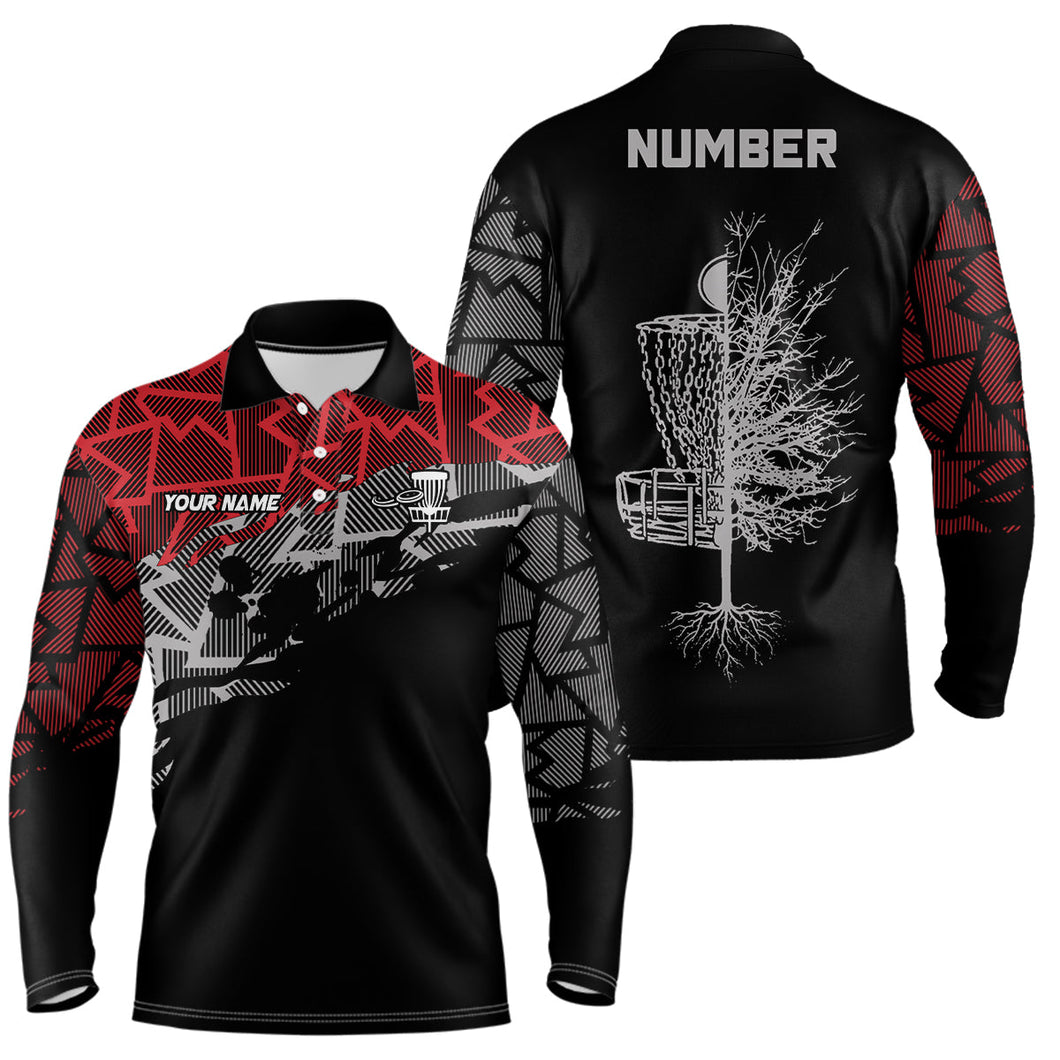 Red camo abstract pattern black Mens disc golf polo shirts custom disc golf clothing NQS6811