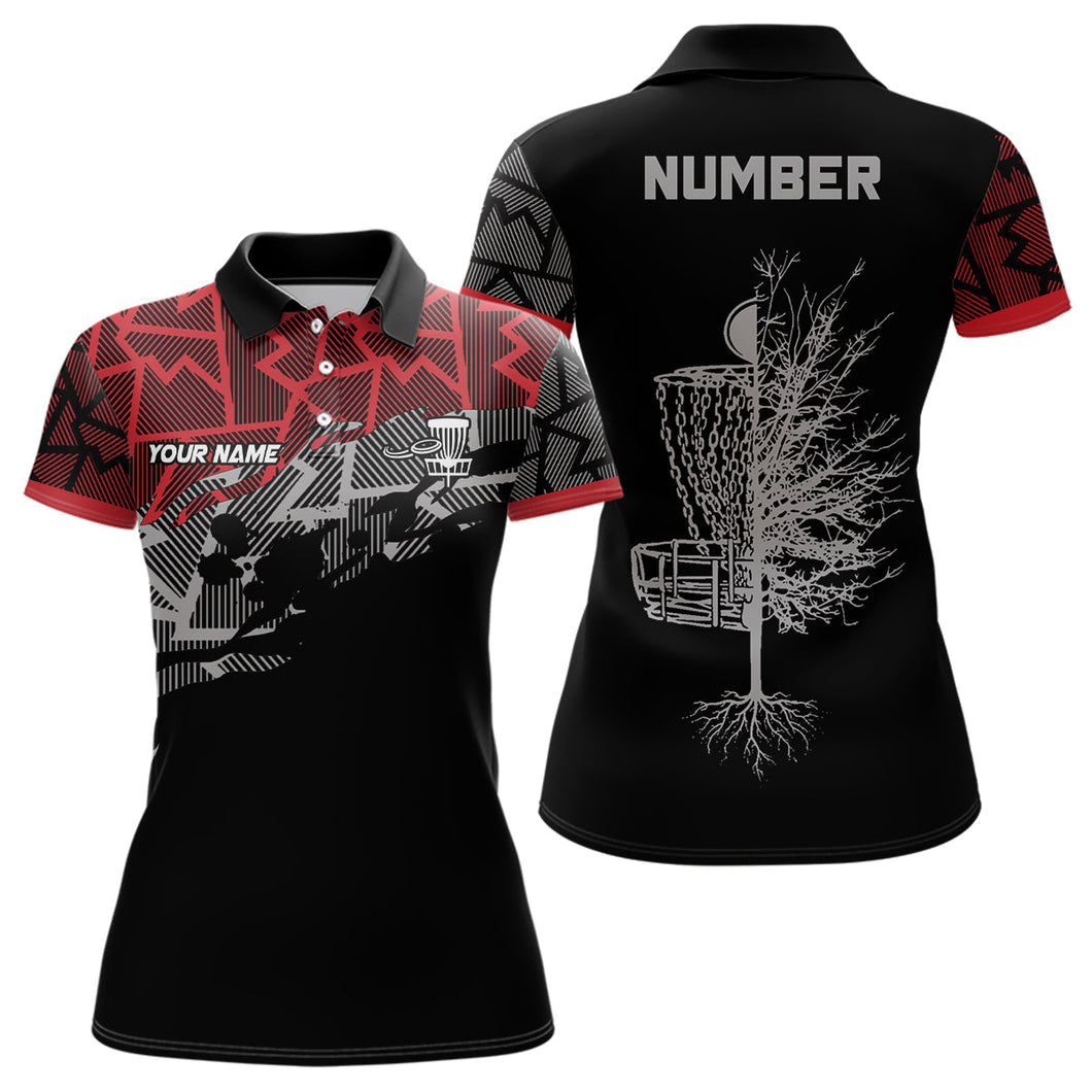 Red camo abstract pattern black Womens disc golf polo shirt custom disc golf clothing NQS6811