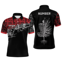 Load image into Gallery viewer, Red camo abstract pattern black Mens disc golf polo shirts custom disc golf clothing NQS6811