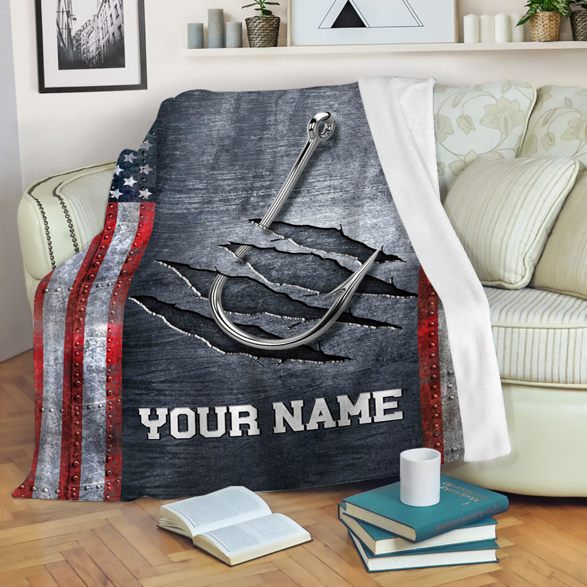 Personalized American flag fish hook Fishing Blanket, Gifts For