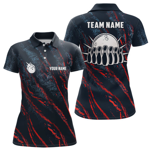 Blue and red camo bowling ball and pins jerseys Custom Team League Bowling Polo Shirts For Women NQS6554