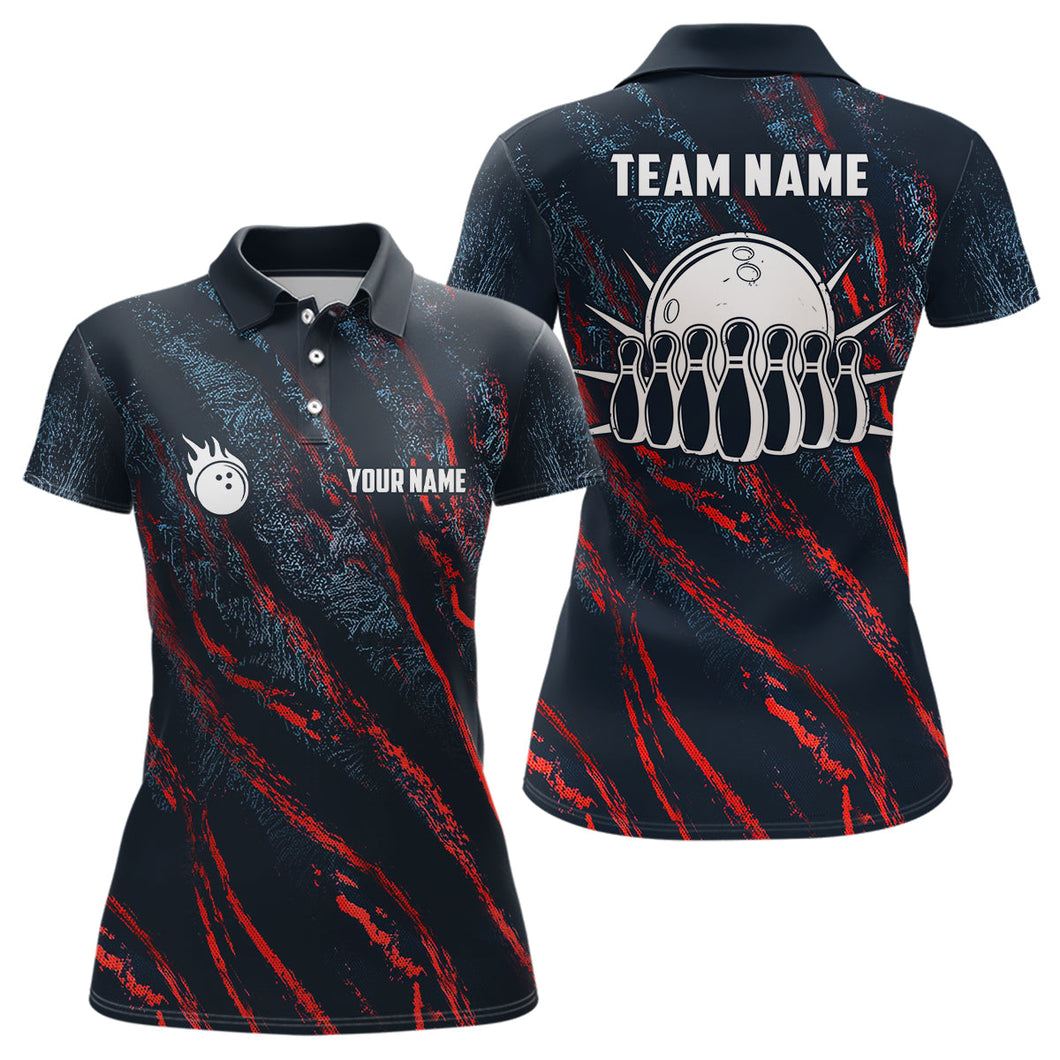 Blue and red camo bowling ball and pins jerseys Custom Team League Bowling Polo Shirts For Women NQS6554