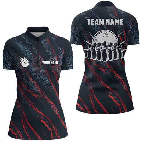 Blue red camo bowling ball and pins jerseys Custom Team League Bowling Quarter Zip Shirts For Women NQS6554