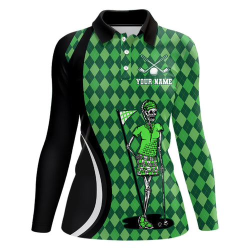 Women golf polo shirts custom black green argyle pattern golf skull golf tops for ladies, golf gifts NQS7010
