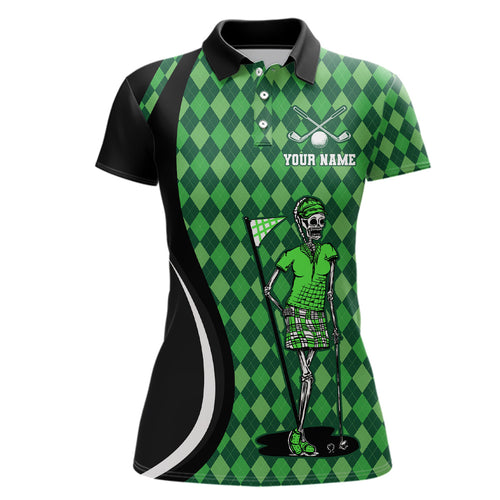 Women golf polo shirts custom black green argyle pattern golf skull golf tops for ladies, golf gifts NQS7010