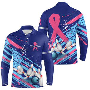 Mens polo bowling shirt Custom blue American flag Pink Ribbon bowling jerseys Breast Cancer Awareness NQS6339