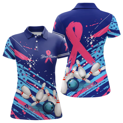 Women bowling polo shirt Custom blue American flag Pink Ribbon bowling jerseys Breast Cancer Awareness NQS6339