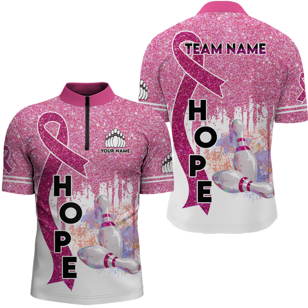 Pink glitter ribbon breast cancer awareness bowling jerseys Custom Team Quarter Zip Shirts For Men NQS6555