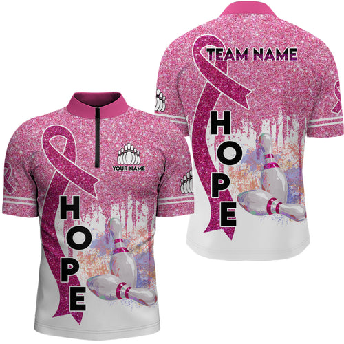 Pink glitter ribbon breast cancer awareness bowling jerseys Custom Team Quarter Zip Shirts For Men NQS6555