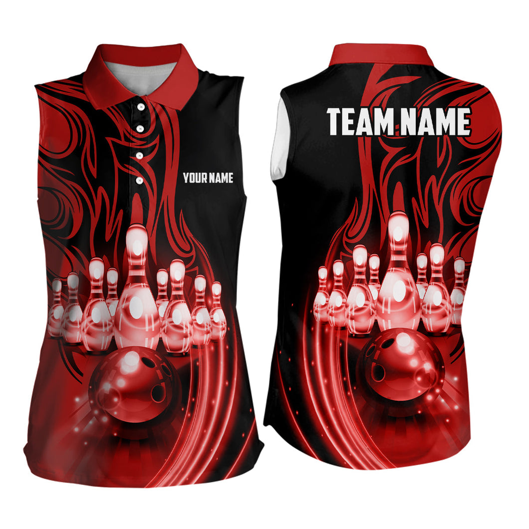Bowling ball and pins Red light Custom Team League Bowling jerseys sleeveless polo shirt For Women NQS6579