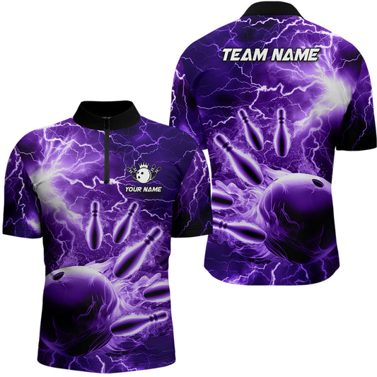 Men's bowling Quarter Zip shirts Custom purple lightning thunder Bowling Team Jersey, gift for Bowlers NQS6581