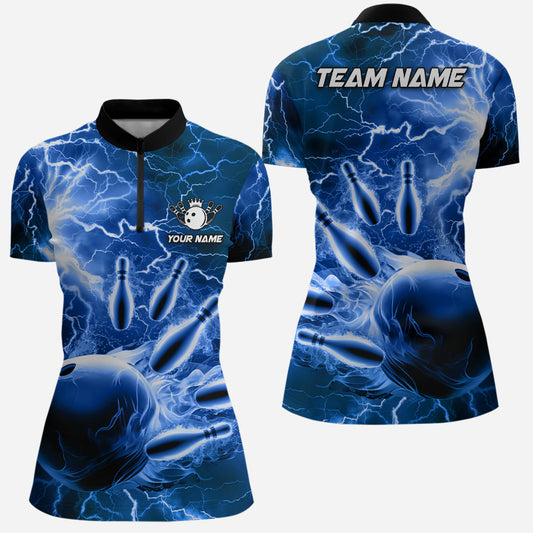 Womens bowling Quarter Zip shirt Custom blue lightning thunder Bowling Team Jersey, gift for Bowlers NQS6582
