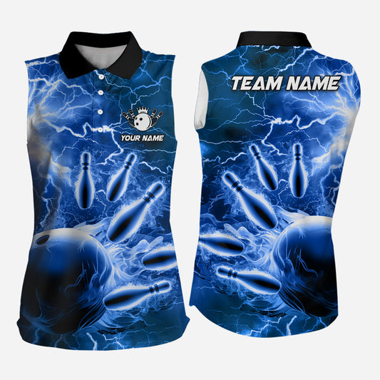 Womens bowling sleeveless polo shirts Custom blue lightning thunder Bowling Team Jerseys NQS6582