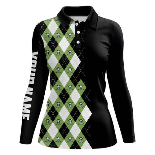 Green argyle plaid skull pattern custom black Women golf polo shirt, golf tops for ladies golfing gift NQS6844