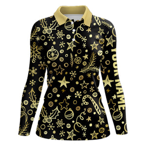 Women golf polo shirts custom golden Christmas black pattern shirt for ladies, personalized golf gifts NQS6586