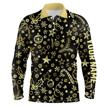 Load image into Gallery viewer, Mens golf polo shirts custom golden Christmas black pattern shirt for ladies, personalized golf gifts NQS6586