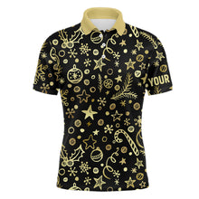 Load image into Gallery viewer, Mens golf polo shirts custom golden Christmas black pattern shirt for ladies, personalized golf gifts NQS6586