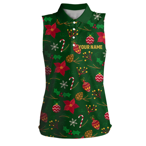 Women sleeveless polo shirts custom green Christmas pattern shirt for ladies, personalized golf gifts NQS6587