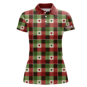 Women golf polo shirts custom green & red Flat christmas plaid pattern shirts for ladies, golfer gifts NQS6584