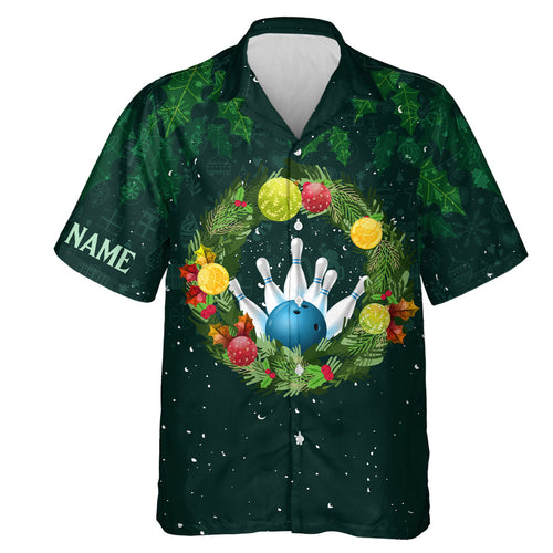 Green Christmas Wreath Men Bowling Button Hawaiian Shirt custom bowling button up shirts NQS6856