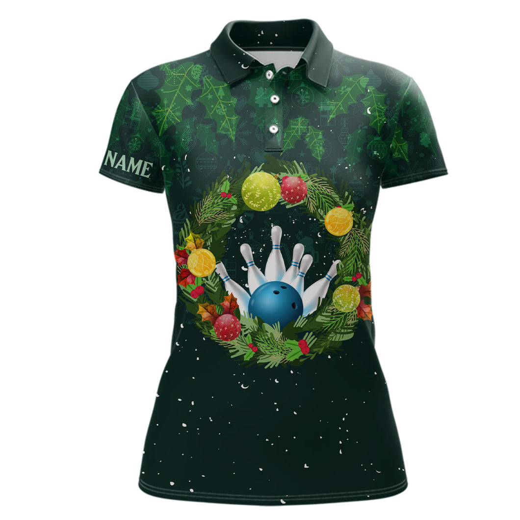 Green Christmas Wreath Women Bowling Polo Shirt custom green pattern Christmas bowling tops NQS6856