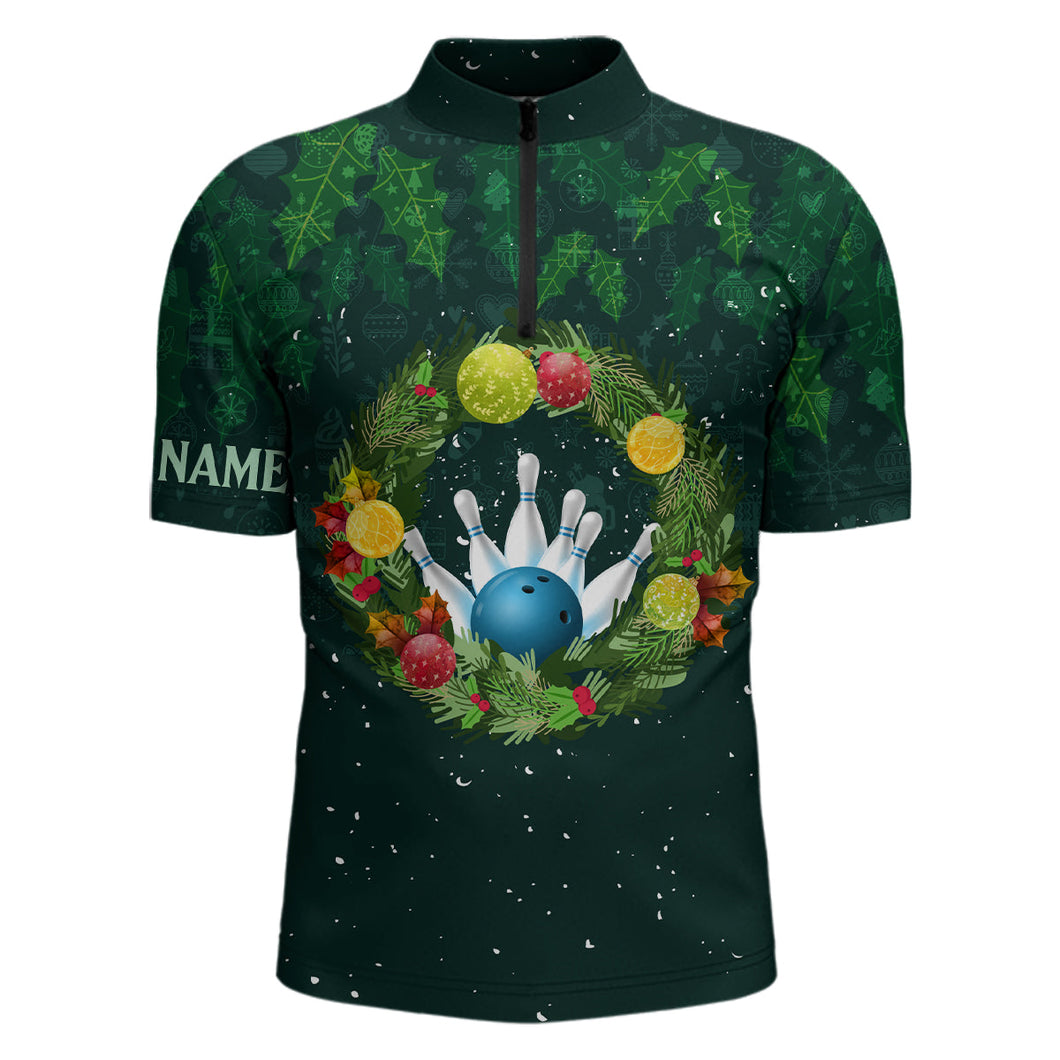 Green Christmas Wreath Men Bowling Quarter-Zip Shirt custom green pattern Christmas bowling tops NQS6856