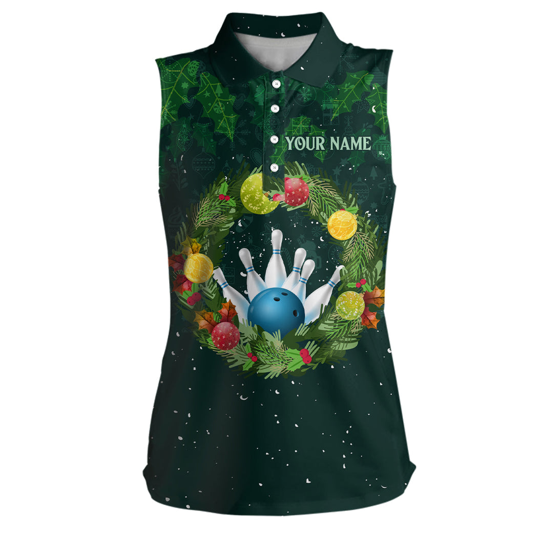 Green Christmas Wreath Men Bowling sleeveless Shirt custom green pattern Christmas bowling tops NQS6856