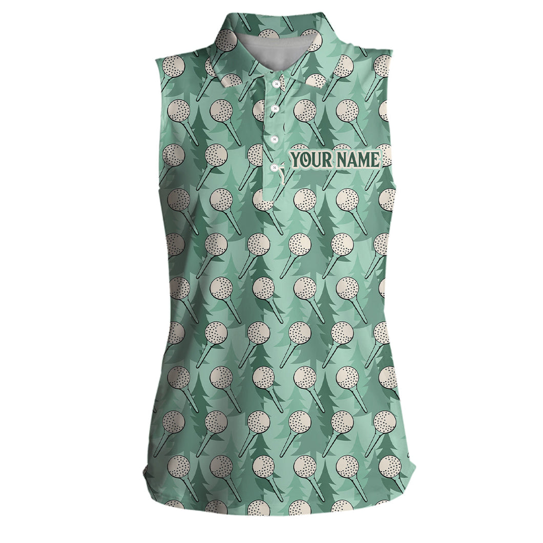 Womens sleeveless polo shirts custom name green pine tree golf tees pattern, golf outfits for ladies NQS6866