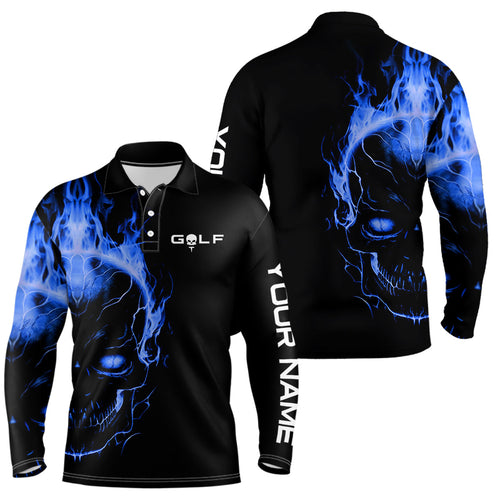 Blue fire skull black golf shirts custom Mens golf polo shirts, mens golf polo tees NQS6387