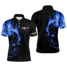 Load image into Gallery viewer, Blue fire skull black golf shirts custom Mens golf polo shirts, mens golf polo tees NQS6387