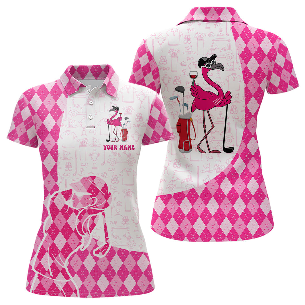 Pink argyle plaid pattern flamingo golf wine Women golf polos shirt custom funny golf shirt for ladies NQS6885