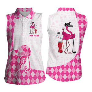 Pink argyle pattern flamingo golf wine ladies sleeveless golf shirt custom funny golf shirt for women NQS6885