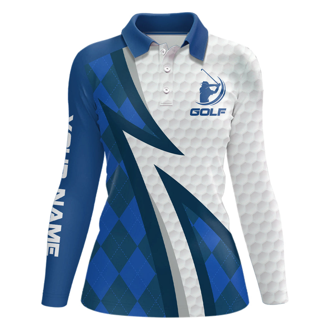 Women golf polo shirts custom name blue argyle pattern white golf ball skin womens golf wears NQS7167