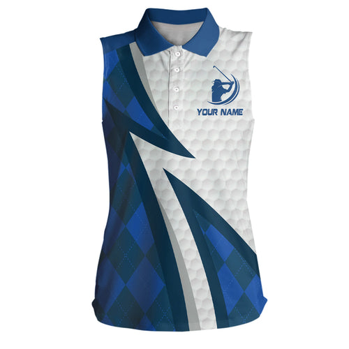 Womens sleeveless polo shirts custom name blue argyle pattern white golf ball skin womens golf wears NQS7167