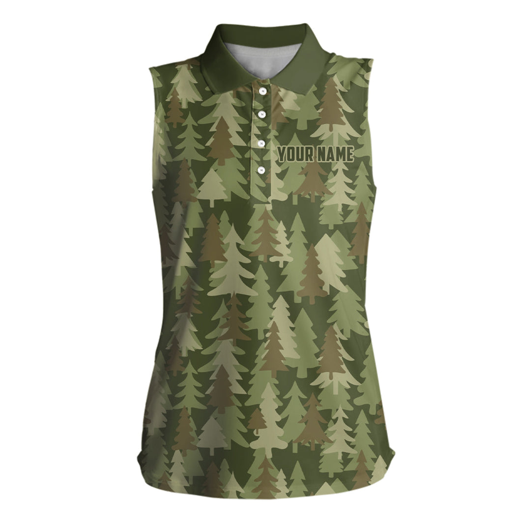 Womens sleeveless polos shirt custom Christmas trees green camouflage pattern golf shirt for women NQS6660