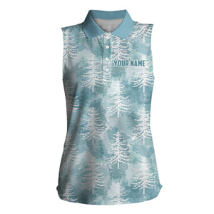 Womens sleeveless polos custom Christmas trees winter blue camouflage pattern golf shirt for women NQS6661