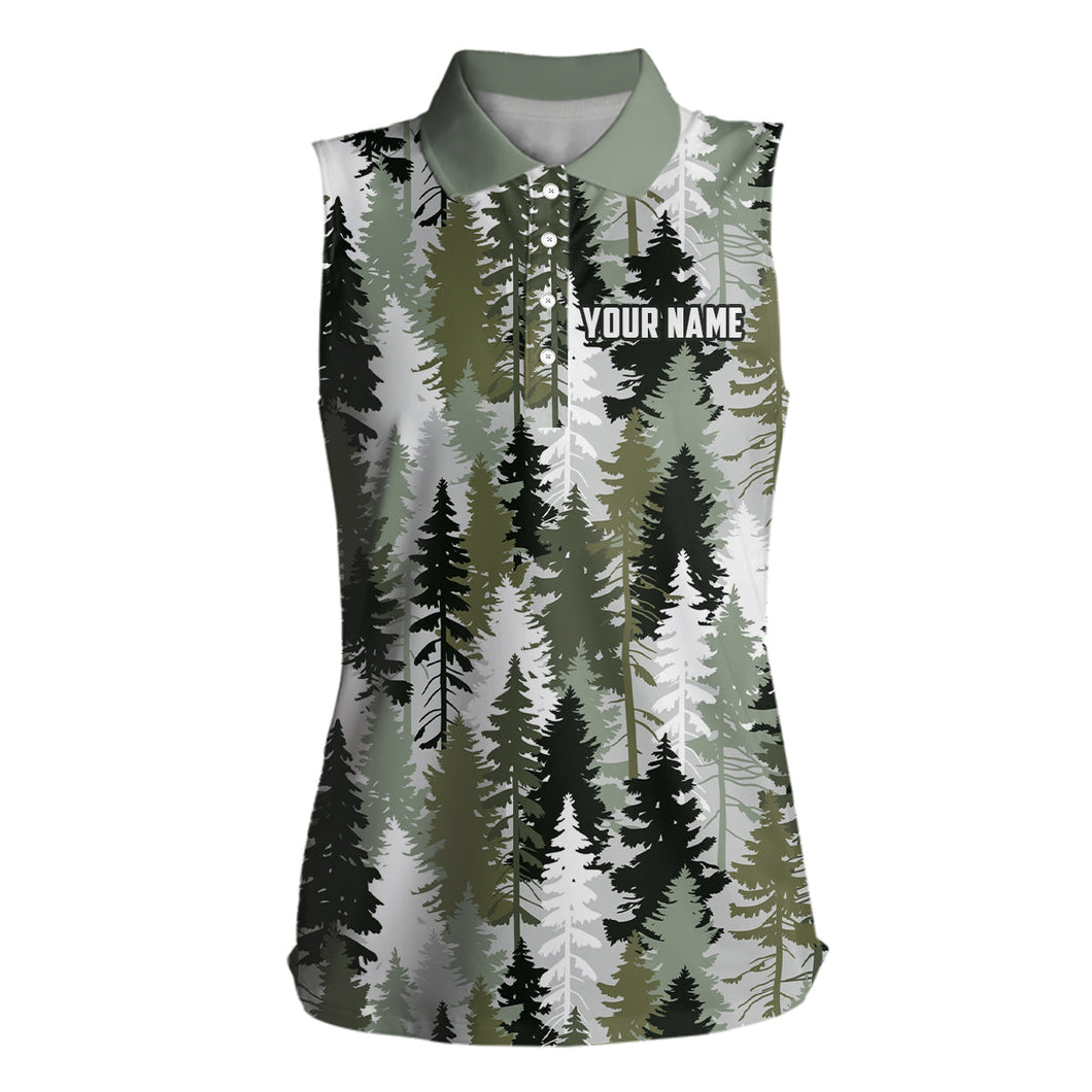 Womens sleeveless polos custom Christmas pine trees winter camouflage pattern golf shirt for women NQS6662