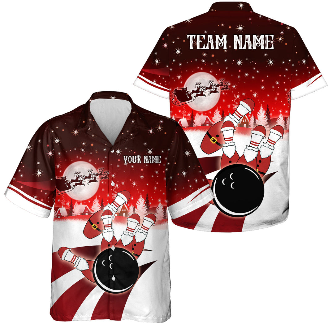 Bowling Hawaiian Shirts Custom Christmas Santa Bowling ball pins team button up shirts | Red NQS6666