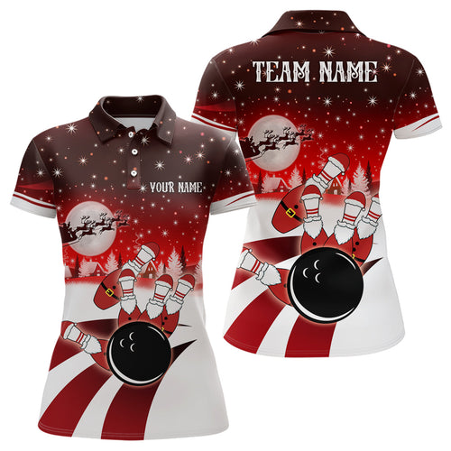 Womens Bowling Polo Shirts Custom Christmas Santa Bowling ball pins team Ladies Jersey | Red NQS6666