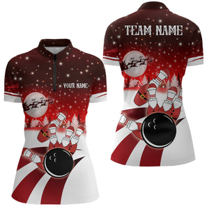 Womens Bowling Quarter-Zip Shirts Custom Christmas Santa Bowling ball pins team Ladies Jersey | Red NQS6666