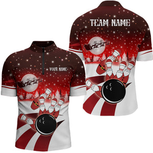 Mens Bowling Quarter-Zip Shirts Custom Christmas Santa Bowling ball pins team Men's Jersey | Red NQS6666