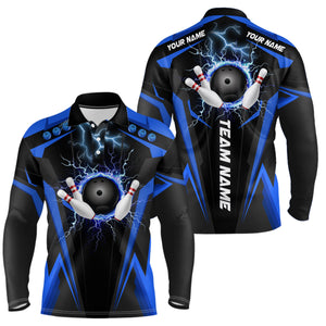 Black Mens polo bowling shirt Custom lightning thunder team league bowling jerseys | Blue NQS6676