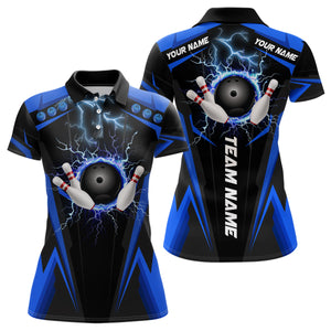 Black Women bowling polo shirt Custom lightning thunder team league bowling jerseys | Blue NQS6676