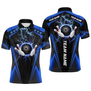 Black Mens polo bowling shirt Custom lightning thunder team league bowling jerseys | Blue NQS6676